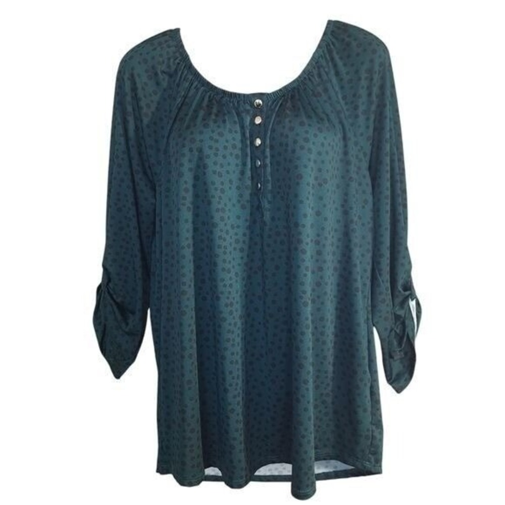Notations Women's 3/4 Sleeve Blouse Dark Green Black Dots Size XL